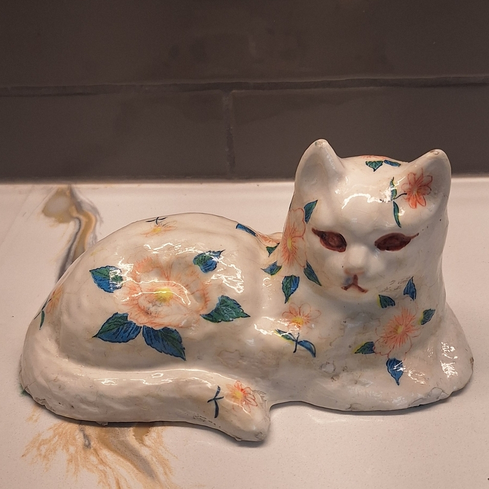 Vintage White and Blue Ceramic Cat Figurine with Floral Patterns- Retro
